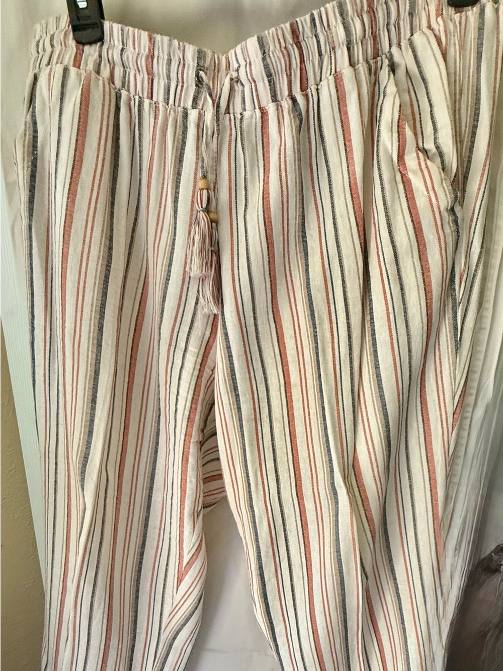 Striped Elastic-Waist Womens linen pant in Cream with Rust and Gray Stripes